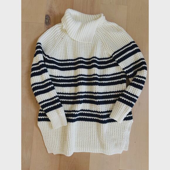 Nautical Striped Chunky Knit Sweater Size Large Cotton Lands' End Coastal Beachy - Picture 2 of 9
